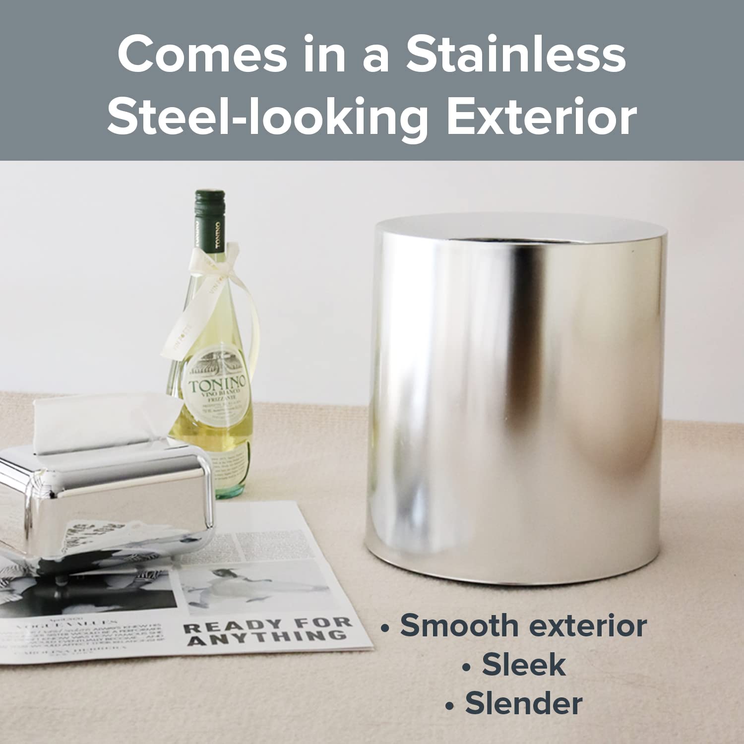 Modern Polished Stainless Steel Design Garbage Can - 12L I 3.2-Gallon Spill-Proof Trash Basket - Indoor Outdoor Waste Bin w/Removable Trash Bin Liner with Wide Rim-VerdiqueGarden