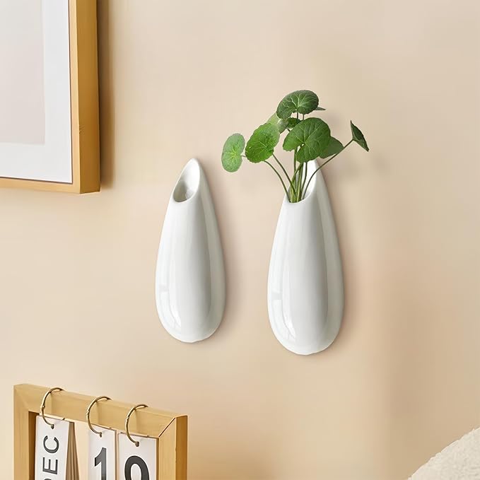 2 Pack White Ceramic Wall Vases,5.9 Inch Wall Hanging Plant Holder,Cubicle Modern Decor Plant Holder Vase for Indoor Plants, Hanging Propagation Flower Pots for Air Vases-VerdiqueGarden