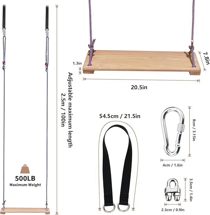 Teak Wooden Swing, Outdoor Wood Tree Swing Seat for Kids or Adults for Backyard Columpio, Height Adjustable (20.5x7.5inch)-VerdiqueGarden