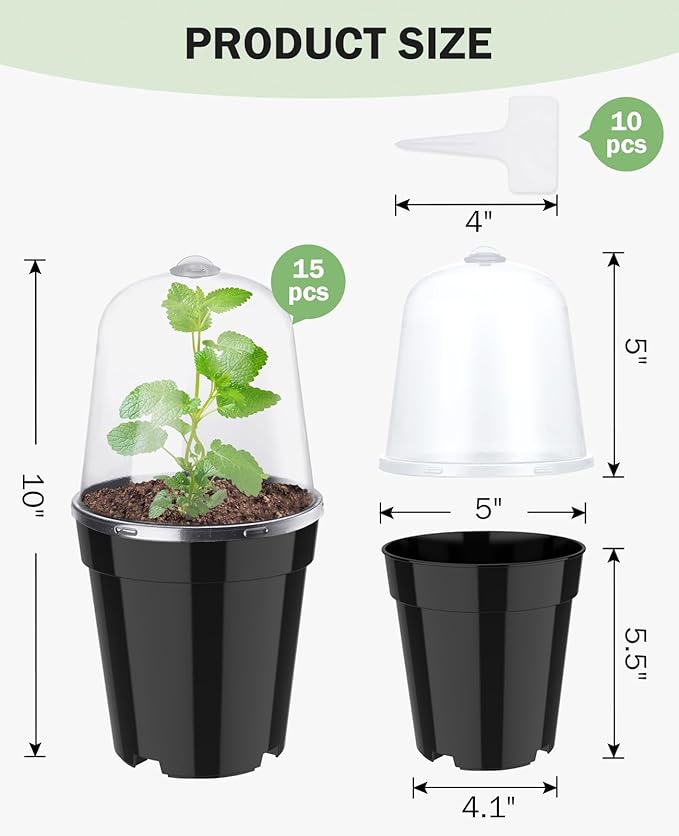 homenote Nursery Pots for Plants,5 Inch Plant Pot for Planting with Humidity Domes Plastic Seedling with Drainage Holes Seed Starter Flower with 10 Labels Black (15 Pack)-VerdiqueGarden