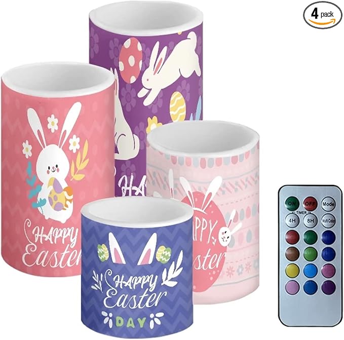 Happy Easter Flameless LED Battery Candles 4PCS Pillar Candles with 18-Key Timer Remote Color Changing Lights for Easter Party Day Celebration Decor, Cute Floral Bunny Rabbit-VerdiqueGarden
