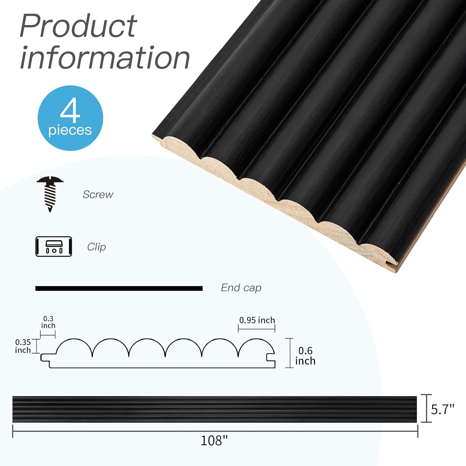 Art3d Fluted Wood Panel for Wall and Ceiling, Beaded Accent molding for Home Decoration, Pack of 4pcs + 1pc End-Trim, Size 108 x 5.7in.- Beaded Black-VerdiqueGarden