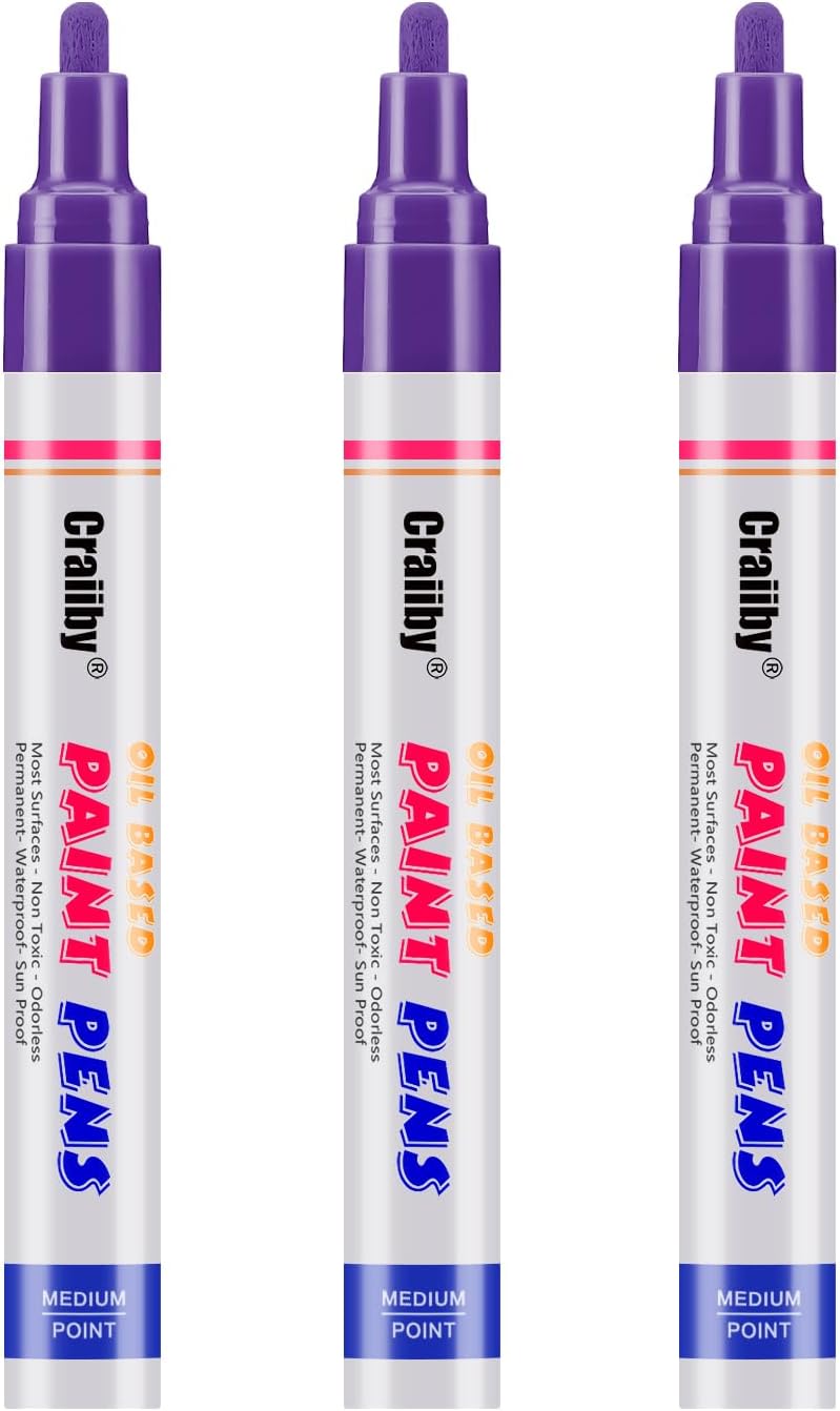 Purple Paint Markers, 3 Pack Oil-Based Waterproof Quick Dry Permanent Paint Pen Set for Rocks Painting, Wood, Fabric, Plastic, Canvas, Glass, Mugs, Metal, Tire, Stone, DIY Craft-VerdiqueGarden