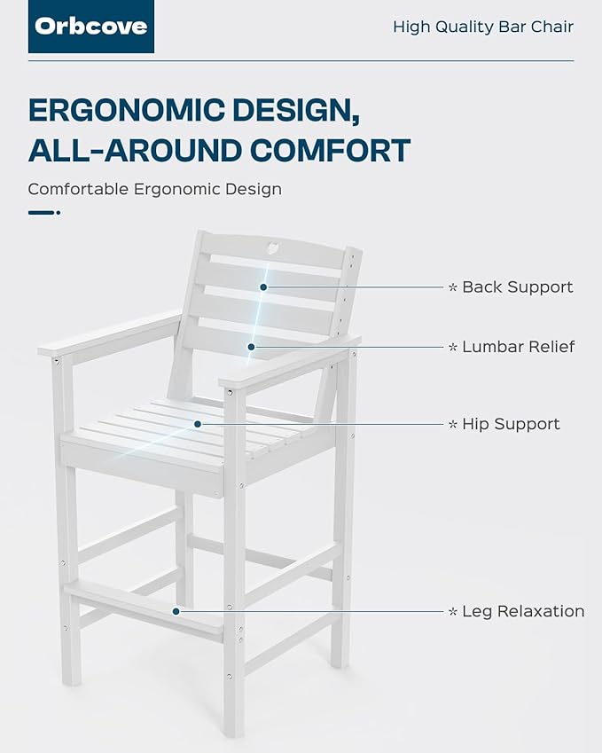 Tall Adirondack Chairs Set of 4, HDPE Wood Balcony Adirondack Chairs Set with Heart Cutout Design, Weather-Resistant Bar Height Furniture for Deck, Porch, Pool (White)-VerdiqueGarden