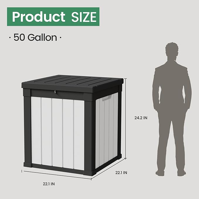 50 Gallon Storage Box, Waterproof Deck Box for Indoor & Outdoor Use, Lockable Pool Storage Bin for Package Delivery, Outdoor Bench for Patio Cushions, Garden Tools, Backyard, Black & White-VerdiqueGarden
