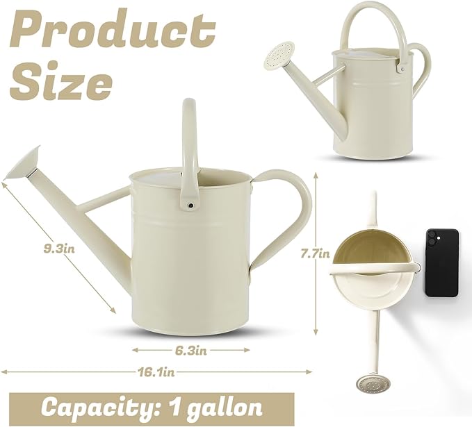 1 Gallon Watering Can for Plants, Watering Cans for Indoor&Outdoor Gardening, Galvanized Steel Watering Pot with Removable Spout, Metal Water Can with Ergonomic Movable Handle(White)-VerdiqueGarden