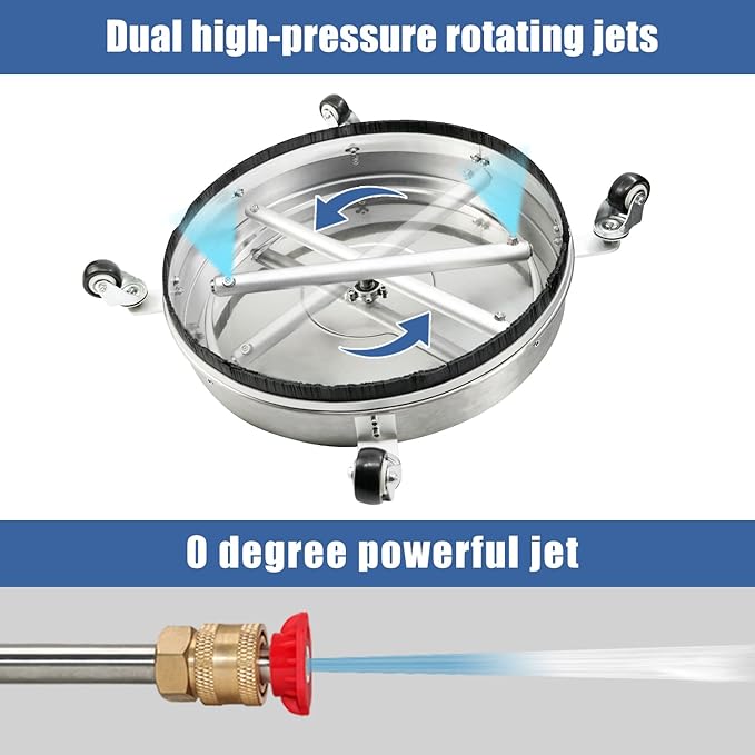 JANZ 20'' Pressure Washer Surface Cleaner with 4 Wheels, Stainless Steel Housing, 1/4" Quick Plug, 2 Extension Wands, 2 Replacement Nozzles and 3 Spray Nozzles, 4000 PSI-VerdiqueGarden