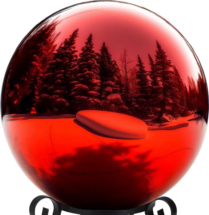 10 Inch Stainless Steel Gazing Globe,v2croft Hollow Ball Mirrored Surface Polished Shiny Sphere,Garden Stainless Steel Gazing Ball for Outdoor Lawn Pond Yard Ornament(red)-VerdiqueGarden