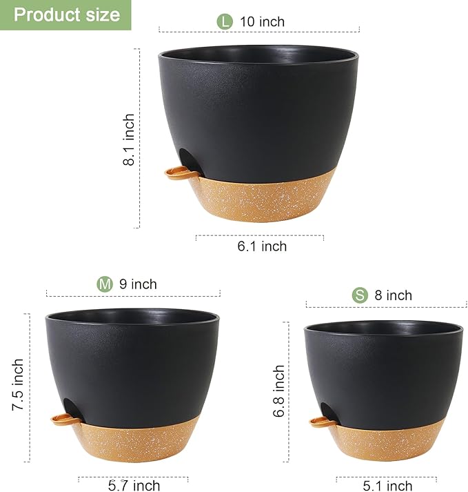 10/9/8 inch Medium Self Watering Pots, Planter, Plant Pots with Mesh Drainage Holes for Indoor Outdoor Garden Plants, Plastic Flower Pots with Removable Deep Reservoir, Black with Brown-VerdiqueGarden