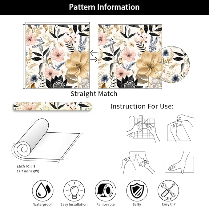 White/Pink/Gold Floral Garden Black Blue Flowers Vintage Peel and Stick Wallpaper Self Adhesive Removable Easy Peel Off Contact Paper Stick on Wall Paper for Bedroom Cabinet Renter Friendly-VerdiqueGarden