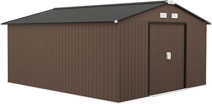 Outsunny 11' x 13' Outdoor Storage Shed, Garden Tool Metal Shed with Foundation Kit, Double Lockable Door, Air Vents and Sloping Roof, for Backyard, Patio, Lawn, Brown-VerdiqueGarden