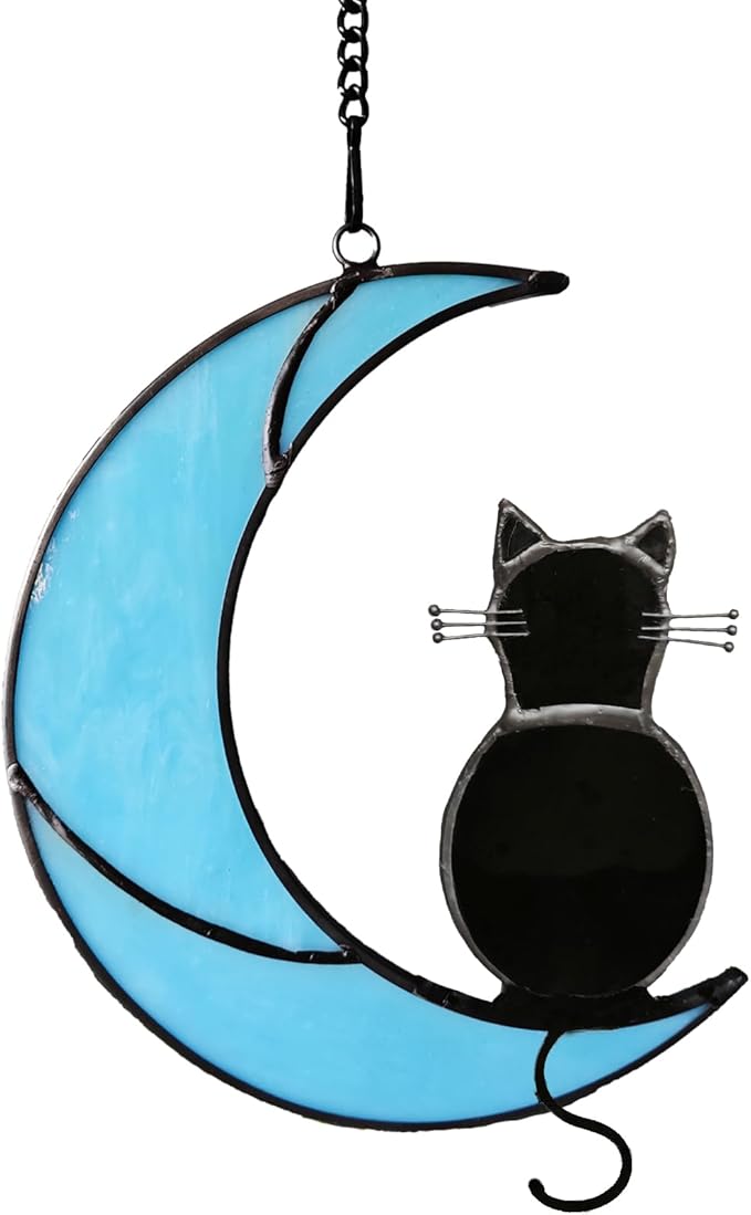 Black Cat Stained Glass Suncatcher,Cat Memorial Gifts for Loss of Cat,Cat Mom Gifts,Cat Sympathy Gifts for Cat Lovers,Window Hanging Ornament-VerdiqueGarden