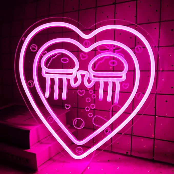 Jellyfish Neon Sign Ocean World Porthole Neon Lights Cartoon Sea World Led Neon Night Light Pink Heart Neon Sign for Wall Decor Bedroom Birthday Gifts for Kids USB Powered,Size13.5 * 12.5inch(JWD027)-VerdiqueGarden