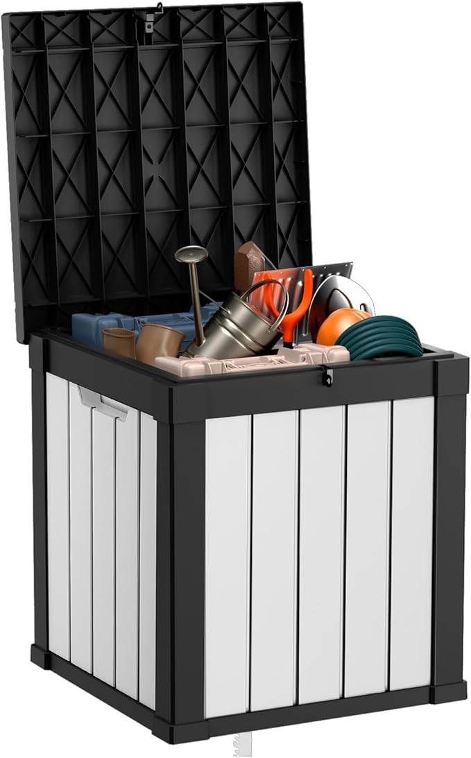 40 Gallon Resin Deck Box, Lockable Patio Outdoor Storage Box for Furniture, Garden Tools and Tools Storage, Waterproof Outside Storage Boxes - Black&White-VerdiqueGarden