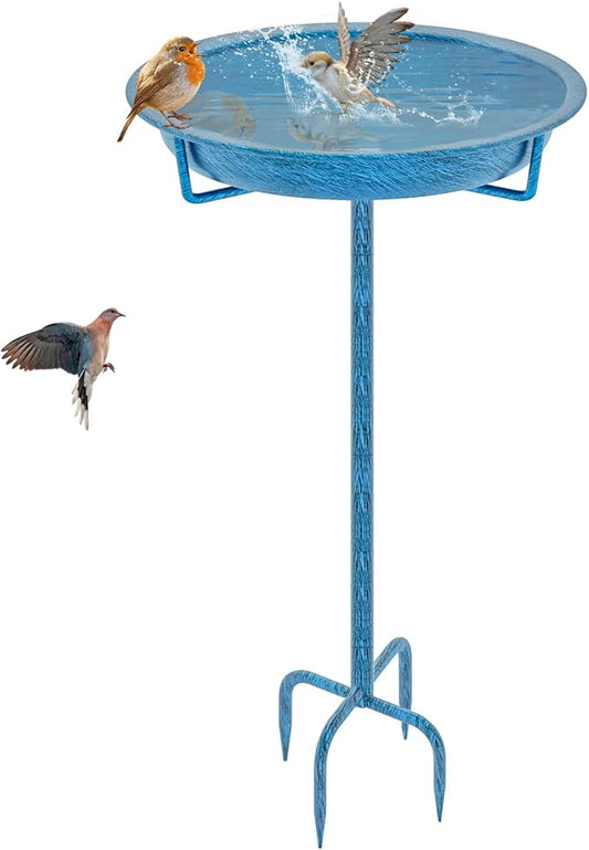 Metal Bird Bath for Outside, 36.2" Height Birdbath Bowl Standing Bird Feeders for Outdoors with 4 Prongs Base Stake, Freestanding Birdfeeders for Garden Yard Lawn Decor (Retro Blue)-VerdiqueGarden