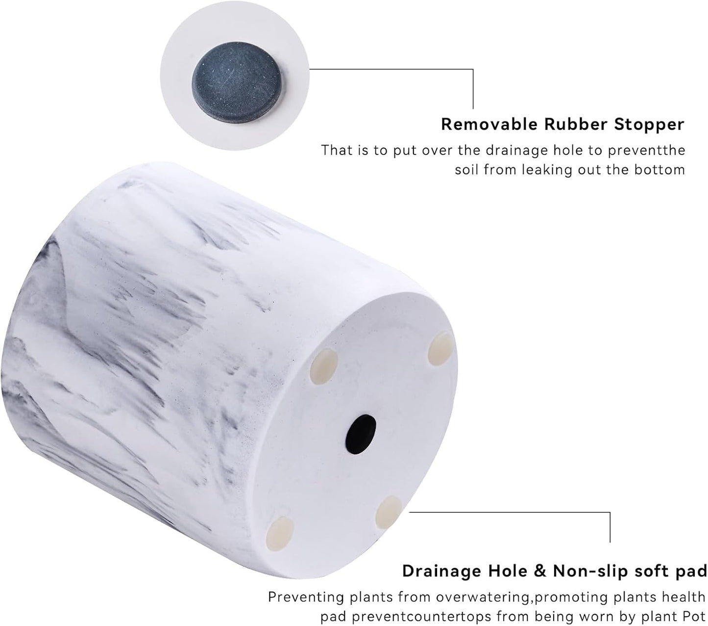 Ekirlin 6 Inch Resin Plant Pot Indoor - Natural Marble Texture Garden Planter with Drainage Hole, Removable Rubber Stopper and Non-Slip Soft Pad, Modern Succulents Containers for Home, Outdoor-VerdiqueGarden