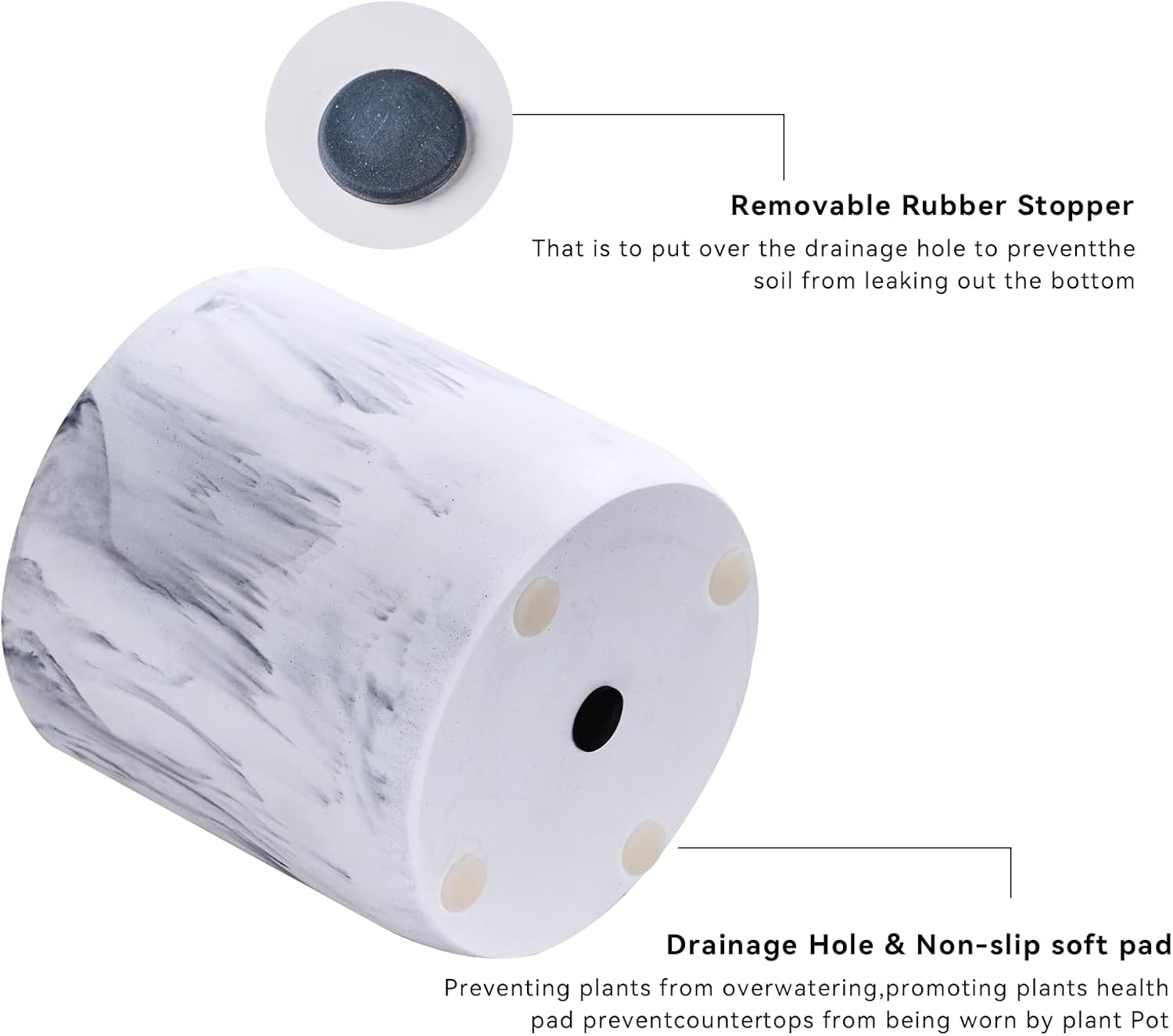 Ekirlin 6 Inch Resin Plant Pot Indoor - Natural Marble Texture Garden Planter with Drainage Hole, Removable Rubber Stopper and Non-Slip Soft Pad, Modern Succulents Containers for Home, Outdoor-VerdiqueGarden