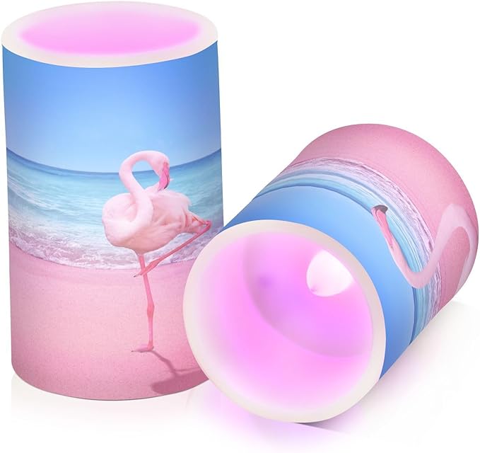 Flickering Flameless Candles, Pink Flamingo on Beach LED Candles with Remote Timer, Set of 2 Battery Operated Candle for Valentine Wedding Birthday-VerdiqueGarden