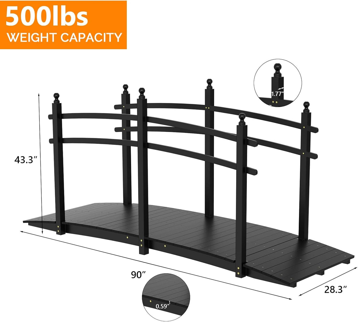 VINGLI Garden Bridge, Classic Wooden Arch with Safety Rails Footbridge (Black, 7.5 ft)-VerdiqueGarden