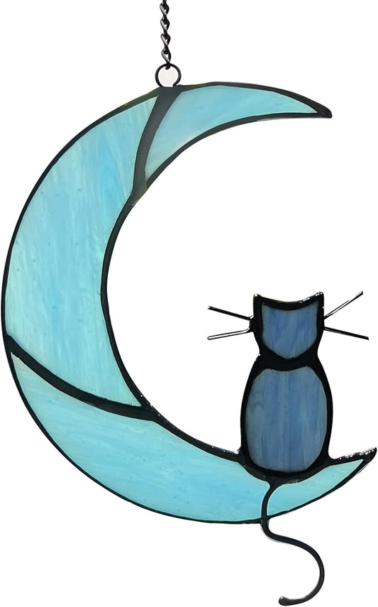 Black Cat On Bule Moon Stained Glass-VerdiqueGarden