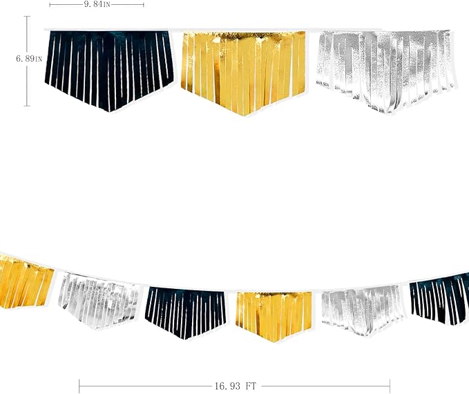 Black Silver Gold Tassel Banner Double Sided Metallic Fabric Pennant Bunting Flag Garland for Graduation Birthday Anniversary Bachelorette Engagement Wedding Bridal Shower Party Decorations Supplies-VerdiqueGarden
