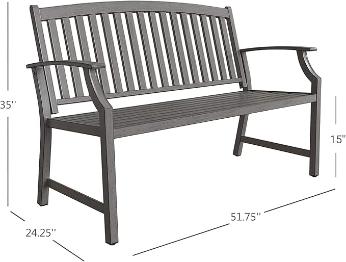 Grand patio 52" Farmhouse Outdoor Bench, Garden Benches with Rust Free Metal Powder Coated Frame and Aluminum Backrest, Faux Wood Grain Finish Frame Patio Bench for Front Porch, Weathered Grey-VerdiqueGarden