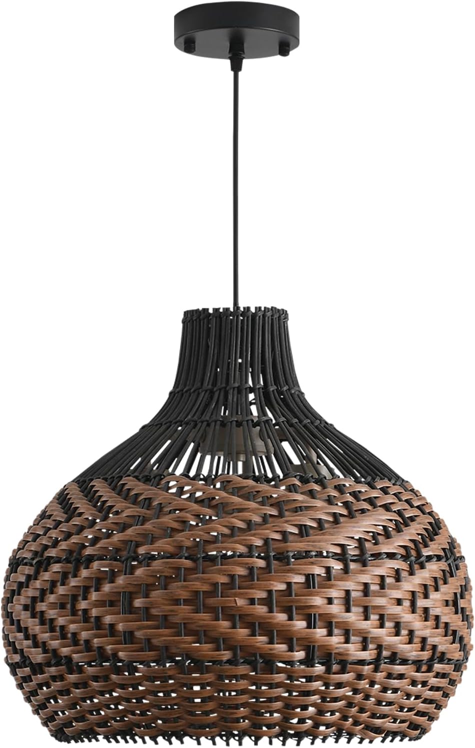 3-Light Rattan Pendant Light,15" Hand-Woven Black Brown Faux Rattan Hanging Light Boho Wicker Basket Chandelier,for Living Room Bedroom Kitchen Dining Farmhouse 1-Pack-VerdiqueGarden