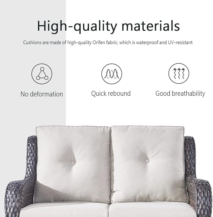 5 Piece Outdoor Patio Furniture Set - Wicker Furniture Patio Conversation Set, Outdoor Swivel Rocker Chairs with Loveseat Sofa and 2 Ottomans for Small Space, Beige Cushion-VerdiqueGarden