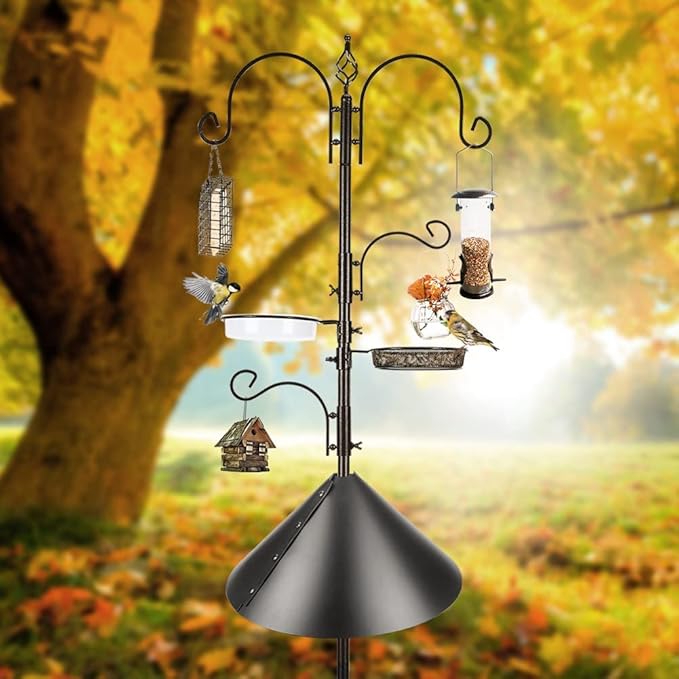 Deluxe Bird Feeding Station Kit - Wild Bird Feeder Hanging Pole With Multi Feeder, Suet Cage, Planter Hanger, and Squirrel Guard Baffle for Attracting Birds-VerdiqueGarden