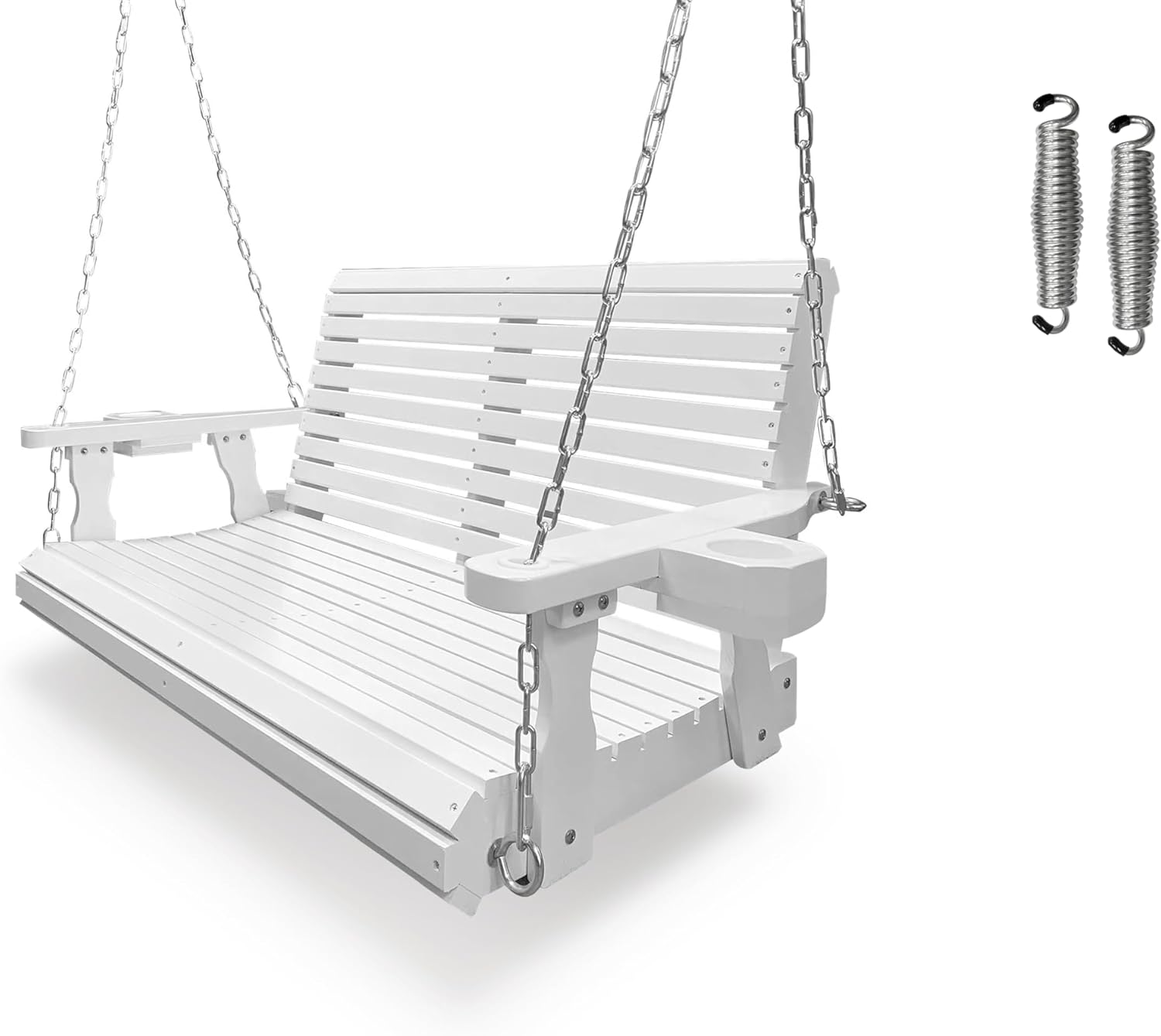 Wooden Porch Swing 2-Seater, Bench Swing with Cupholders, Hanging Chains and 7mm Springs, Heavy Duty 800 LBS, for Outdoor Patio Garden, Pure White, 4 FT Extra Large-VerdiqueGarden