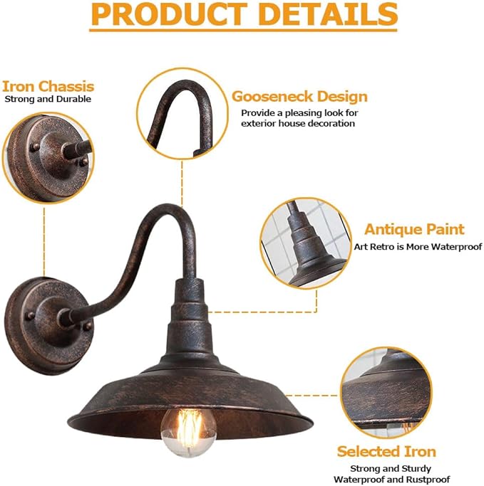 Outdoor Wall Light, 9.8" Iron Art Gooseneck Wall Lanterns, E26 Retro Barn Lights, Indoor and Outdoor Wall Mounted Lighting Waterproof Wall Sconce Light, for Porch, Garage-VerdiqueGarden