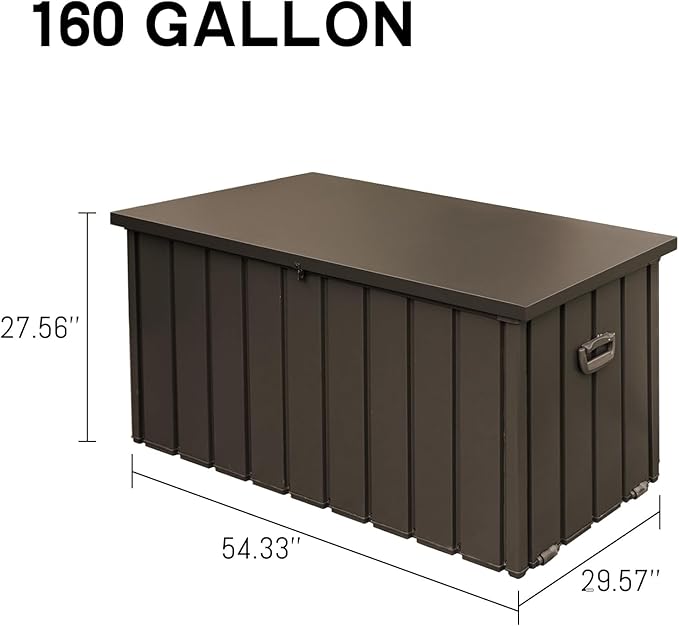 Domi Deck Box 160 Gallon, Waterproof Lockable Steel Outdoor Storage Container for Outside Cushions, Garden Tools and Pools Equipment, Brown-VerdiqueGarden