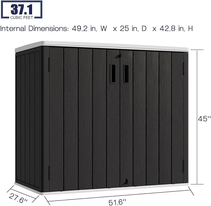 KINYING Outdoor Horizontal Storage Sheds,37 Cu.ft Outdoor Storage Cabinet Waterproof Resin Tool Storage Box for Lawn Mower,Garden Tools and Patio Furniture, Lockable (Black)-VerdiqueGarden
