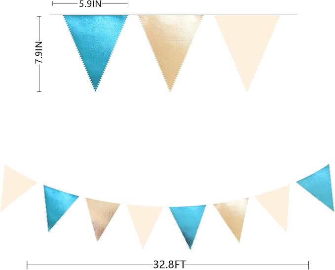 Champagne Gold Sky Blue Beige Decorations Metallic Fabric Triangle Pennant Banner Bunting Flag Garland for Birthday Baby Shower Engagement Wedding Graduation Bridal Shower Party Decorations Supplies-VerdiqueGarden