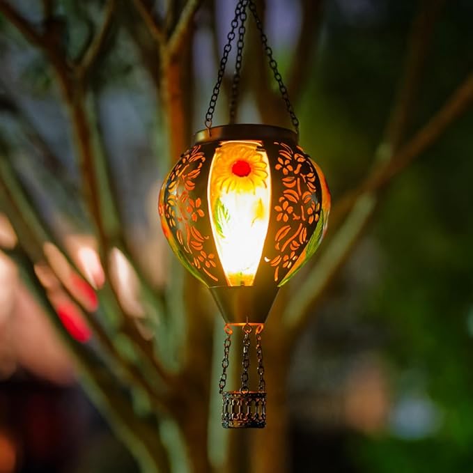 Starsoul Sunflowers Hot Air Balloon Solar Lantern Metal & Glass Solar Hot Air Balloon Hanging Garden Light Waterproof Outdoor Lantern for Patio Yard Party Decorations-VerdiqueGarden