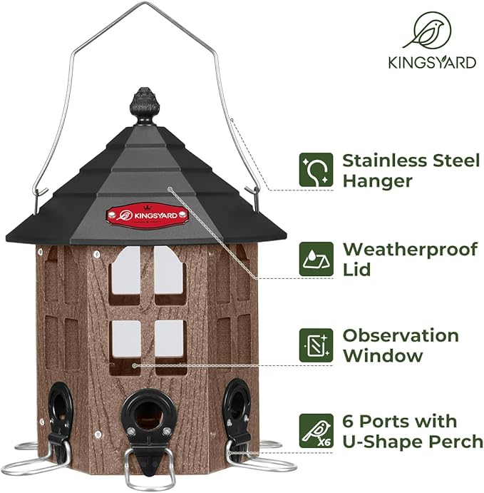 Kingsyard Wild Bird Feeder for Outdoor Hanging, Recycled Plastic Bird Feeders with 6 Ports & U-Shape Perch, Garden Yard Outside Decoration, 3.5 lbs Seed Capacity, Brown-VerdiqueGarden