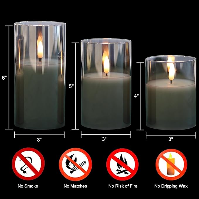Glass Flameless Candles with Remote Timer,LED Candles Flickering Battery Operated with 3D Wick,Candle Holders Table Centerpiece Decoration for Home Wedding Birthday Festival(Grey)-VerdiqueGarden