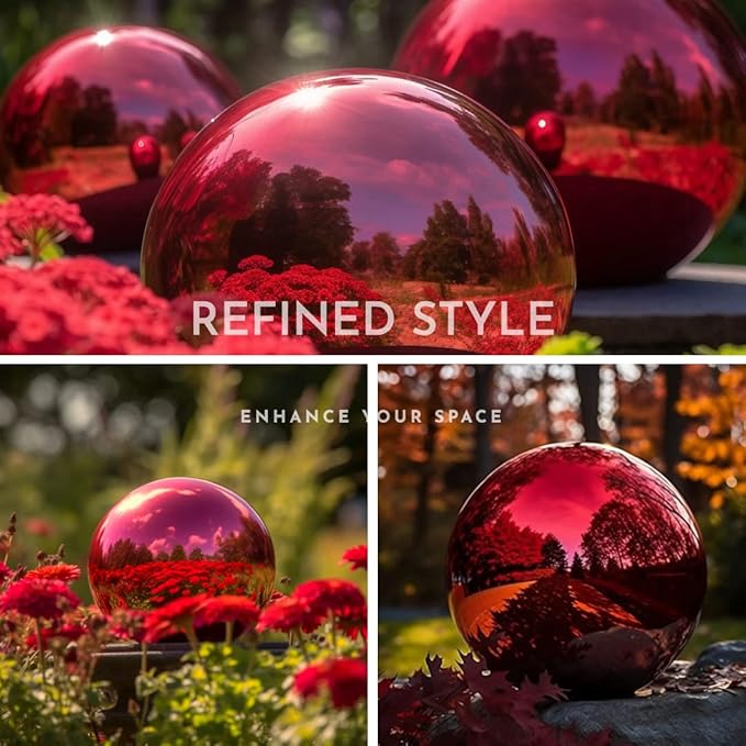 10 Inch Stainless Steel Gazing Globe,v2croft Hollow Ball Mirrored Surface Polished Shiny Sphere,Garden Stainless Steel Gazing Ball for Outdoor Lawn Pond Yard Ornament(red)-VerdiqueGarden