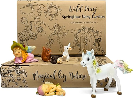 WILD PIXY Baby Miniature Fairy Garden Set – Springtime Fairy Accessories Kit with Gorgeous Fairies and Animals, Indoor/Outdoor Figurines in Designer Gift Box, Perfect for Garden Decor-VerdiqueGarden