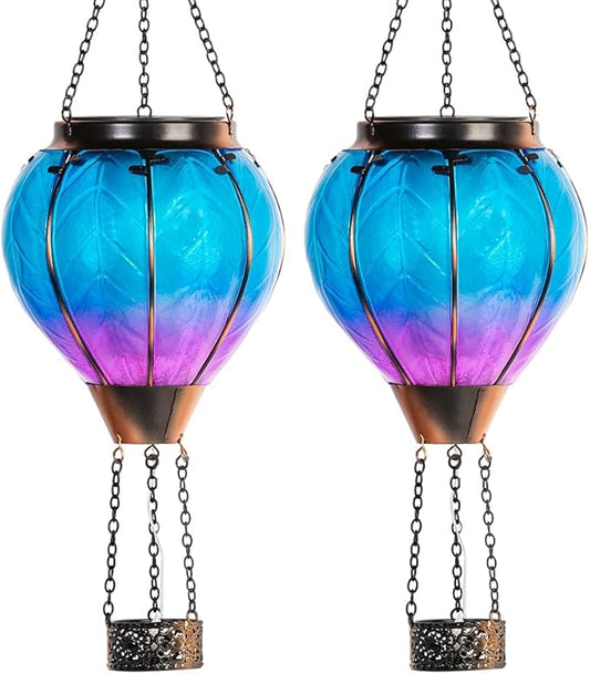 Starsoul 2 PC Blue Hot Air Balloon Solar Lantern with Flame Glass Hanging Outdoor Hot Air Balloon Solar Light Waterproof Garden Patio Yard Party Decorations-VerdiqueGarden