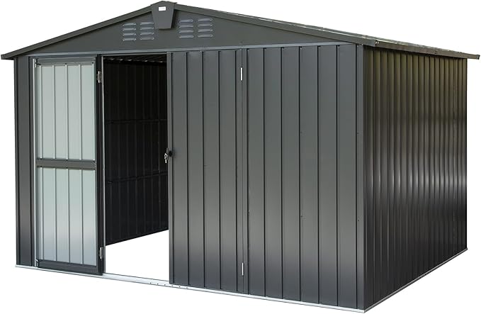 Domi Outdoor Storage Shed 10' x 8’, Metal Garden Shed with Galvanized Steel Frame for Bike, Tools, Lawn Mowers, Pool Toys, Outdoor Storage Cabinet with Lockable Door for Garden Lawn Patio (Dark Grey)-VerdiqueGarden