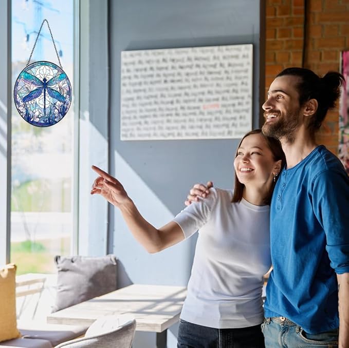 Dragonfly Decor Suncatcher Stained Glass Window Hanging - Handmade Artistic Suncatchers for Windows Hanging - Wall Home Decor Suncatcher with Metal Chain and Hook Gift for Women Mom Home Porch Garden-VerdiqueGarden