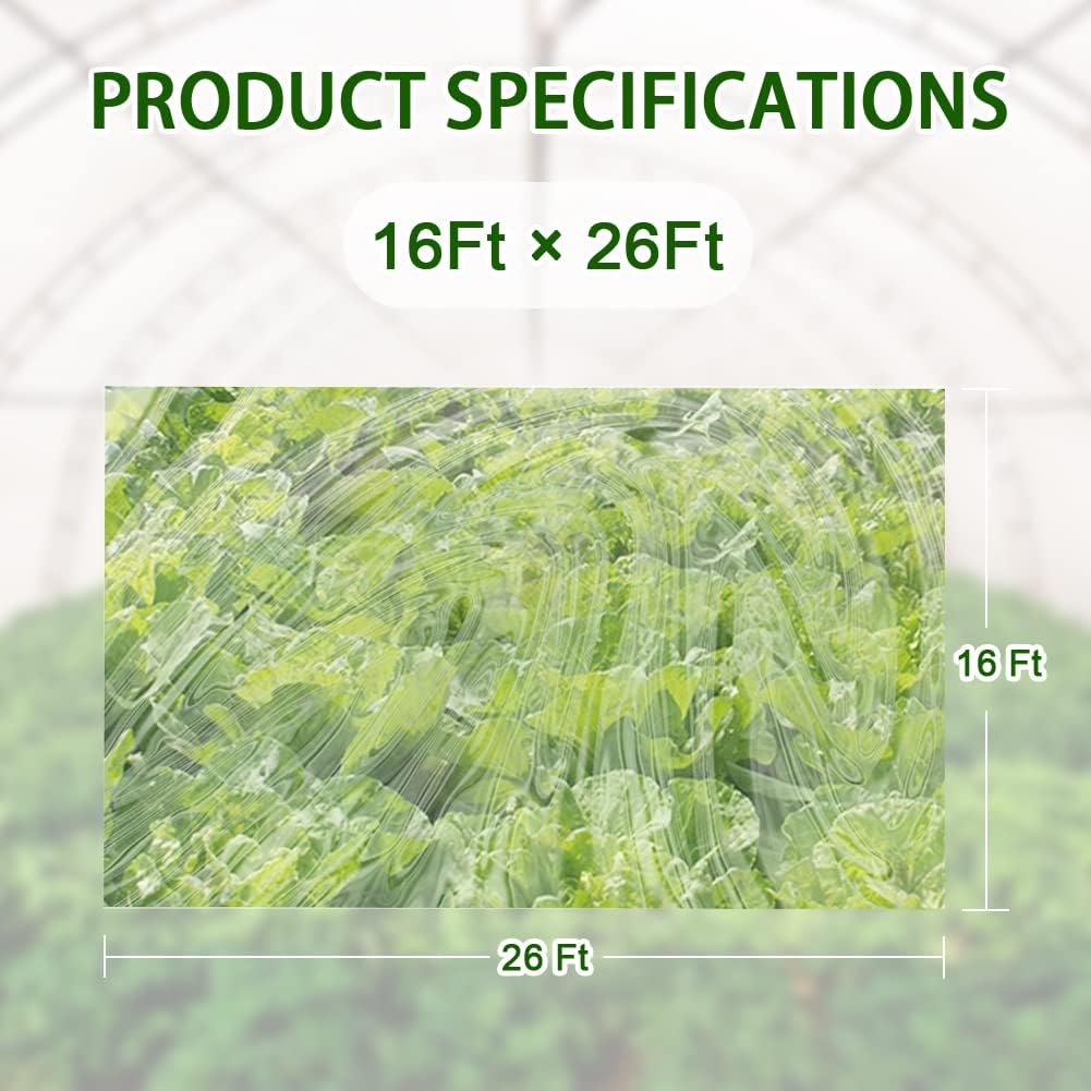 6 mil Greenhouse Plastic Film Sheeting Cover 16 x 26 Ft UV Resistant Clear Polyethylene Film Green House Hoop Farm Plastic Cover for Gardening, Farming, Agriculture-VerdiqueGarden