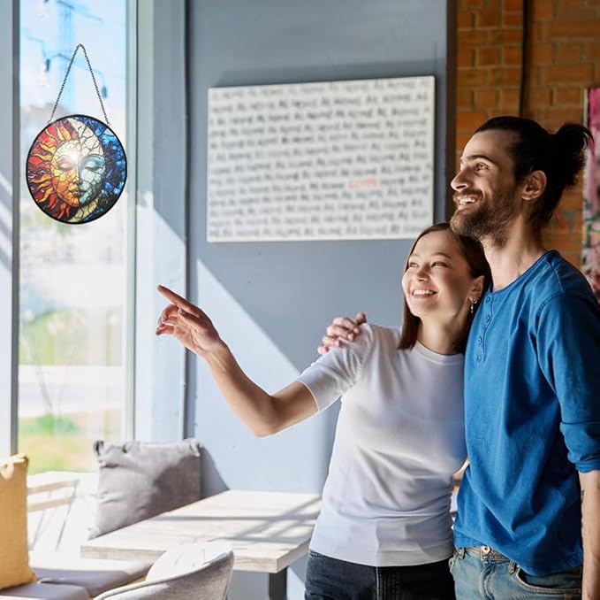 Sun and Moon Decor Suncatcher Stained Glass Window Hanging - Wall Art Stained Glass Suncatchers for Windows Hanging - Home Sun Catchers Indoor Window with Chain - Celestial Decor Gifts for Women Mom-VerdiqueGarden