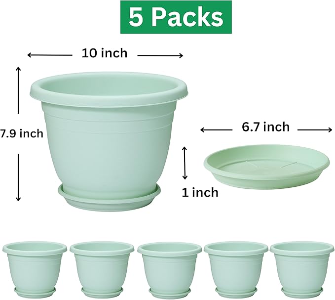 5 Packs 10 inch Plant Pots + Saucer, Planters for Indoor & Outdoor Plants with Drainage Holes | Plastic Flower Pots, Large Planter (Light Green, 10 inch)-VerdiqueGarden