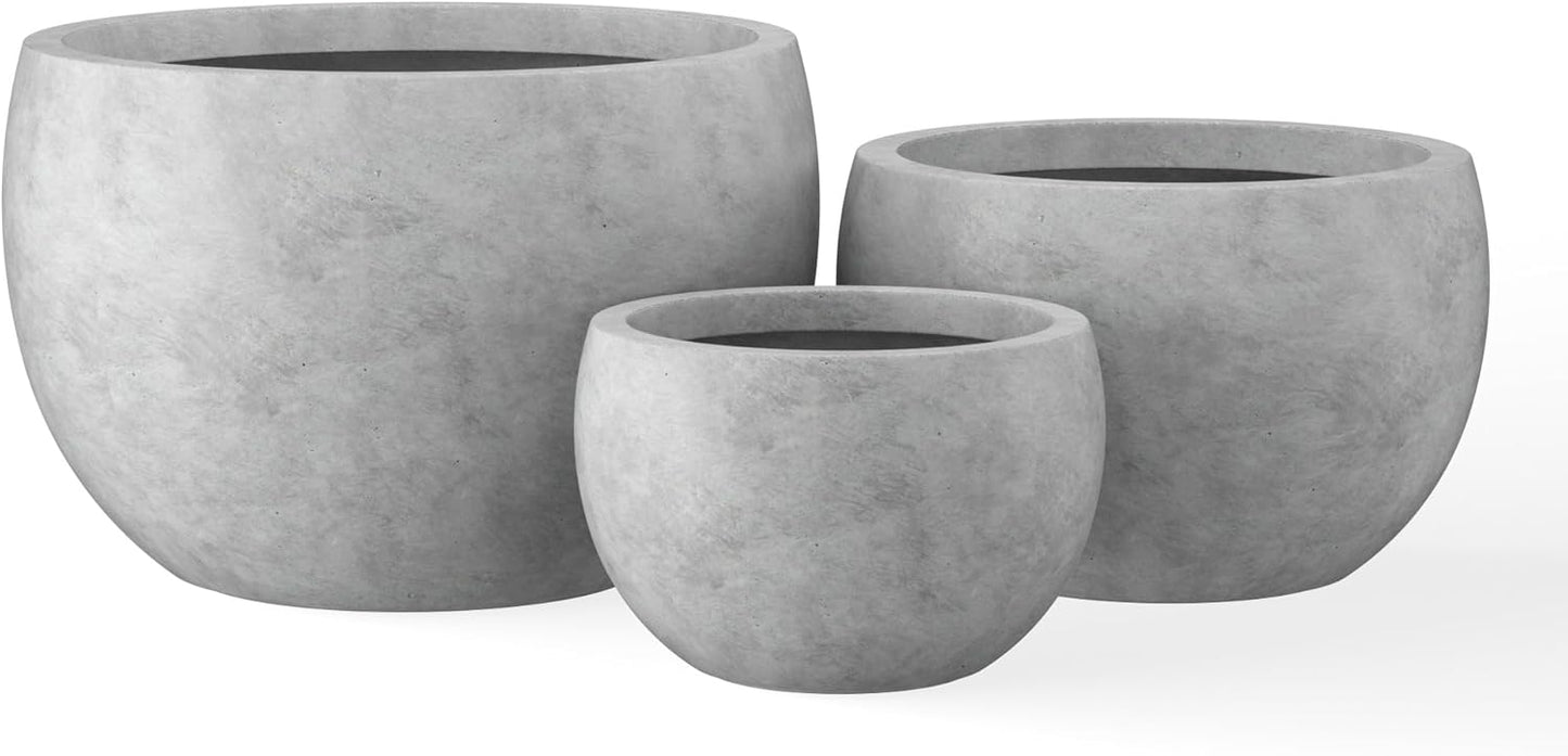 Kante 19.9",15.7",11.8" Dia Round Concrete Planter Set of 3, Outdoor/Indoor Large Bowl Plant Pots with Drainage Hole and Rubber Plug for Garden Patio Balcony Home, Natural Concrete-VerdiqueGarden