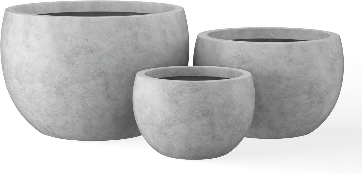 Kante 19.9",15.7",11.8" Dia Round Concrete Planter Set of 3, Outdoor/Indoor Large Bowl Plant Pots with Drainage Hole and Rubber Plug for Garden Patio Balcony Home, Natural Concrete-VerdiqueGarden