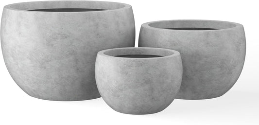 Kante 19.9",15.7",11.8" Dia Round Concrete Planter Set of 3, Outdoor/Indoor Large Bowl Plant Pots with Drainage Hole and Rubber Plug for Garden Patio Balcony Home, Natural Concrete-VerdiqueGarden
