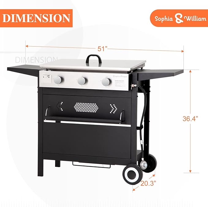 Sophia & William 27-Inch Flat Top Grill with Ceramic Coated Cast Iron Griddle, 3-Burner Propane Gas BBQ Griddle, Portable Outdoor Barbecue Grill,33,000 BTU,Black-VerdiqueGarden