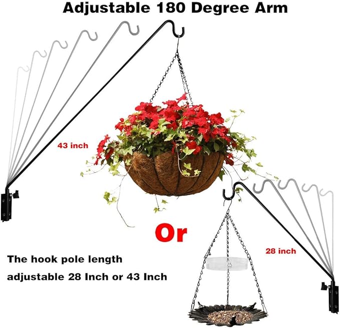 ERYTLLY Extended Reach Deck Hook Wall Pole Wall Mounted, Extensible and Adjustable 28 inch to 43 inch Bracket for Hanging Bird Feeder,Plants,Wind Chimes,Lanterns-VerdiqueGarden